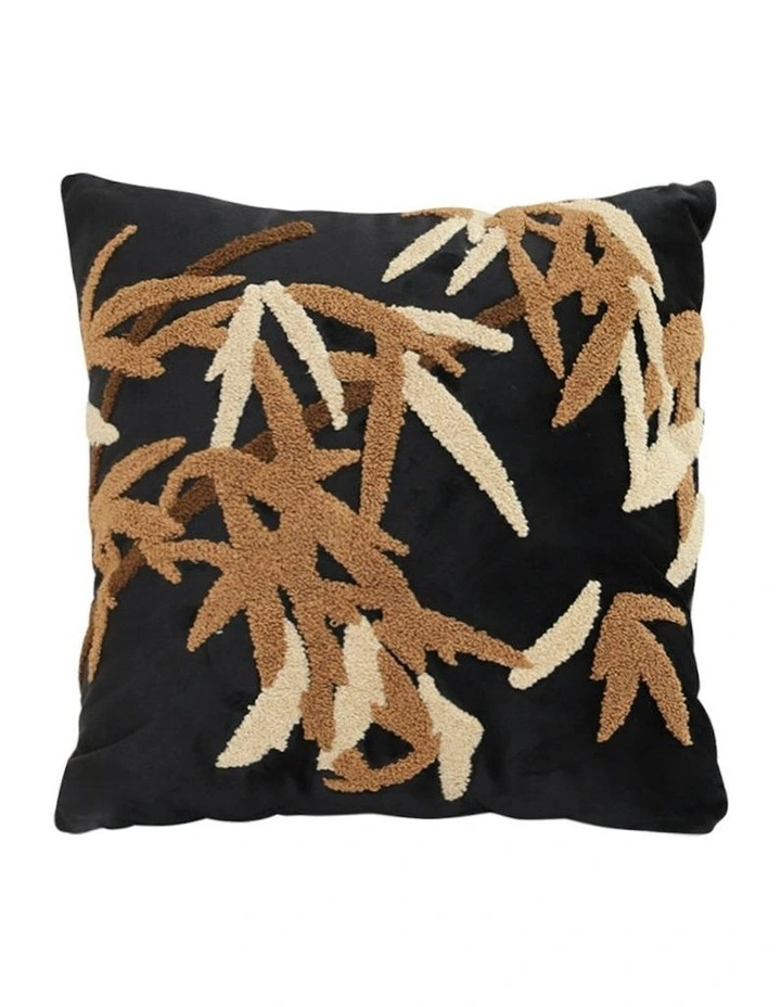 Bamboo Leaf Botanical Embroidered Throw Pillow 45cm in Black image 1