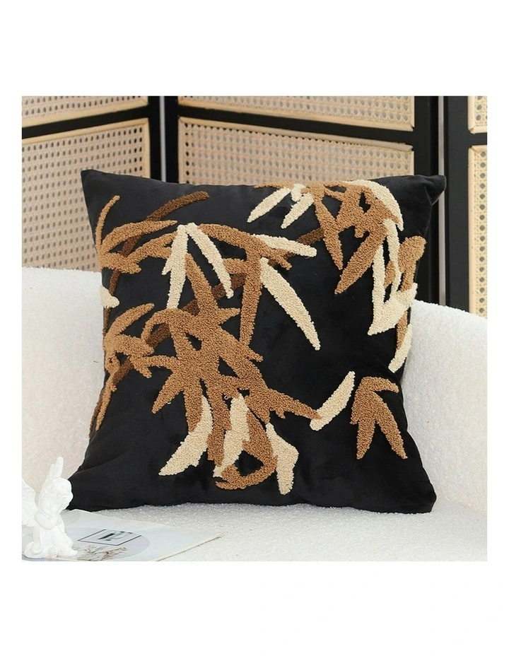 Bamboo Leaf Botanical Embroidered Throw Pillow 45cm in Black image 2