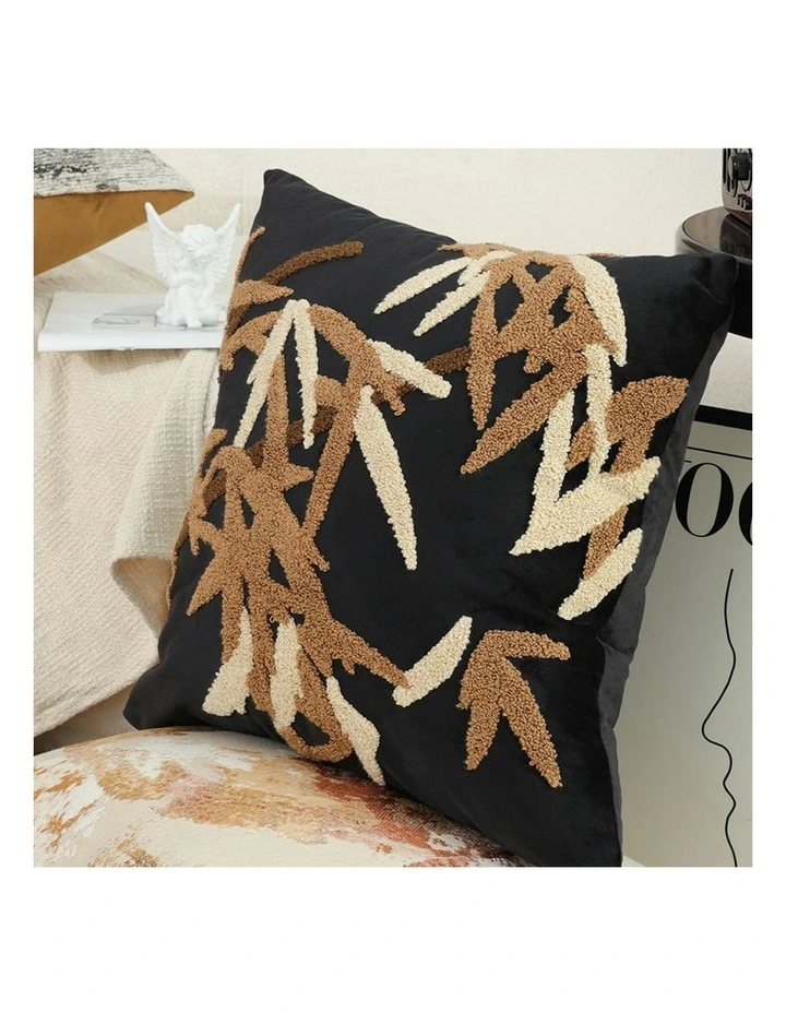 Bamboo Leaf Botanical Embroidered Throw Pillow 45cm in Black image 3