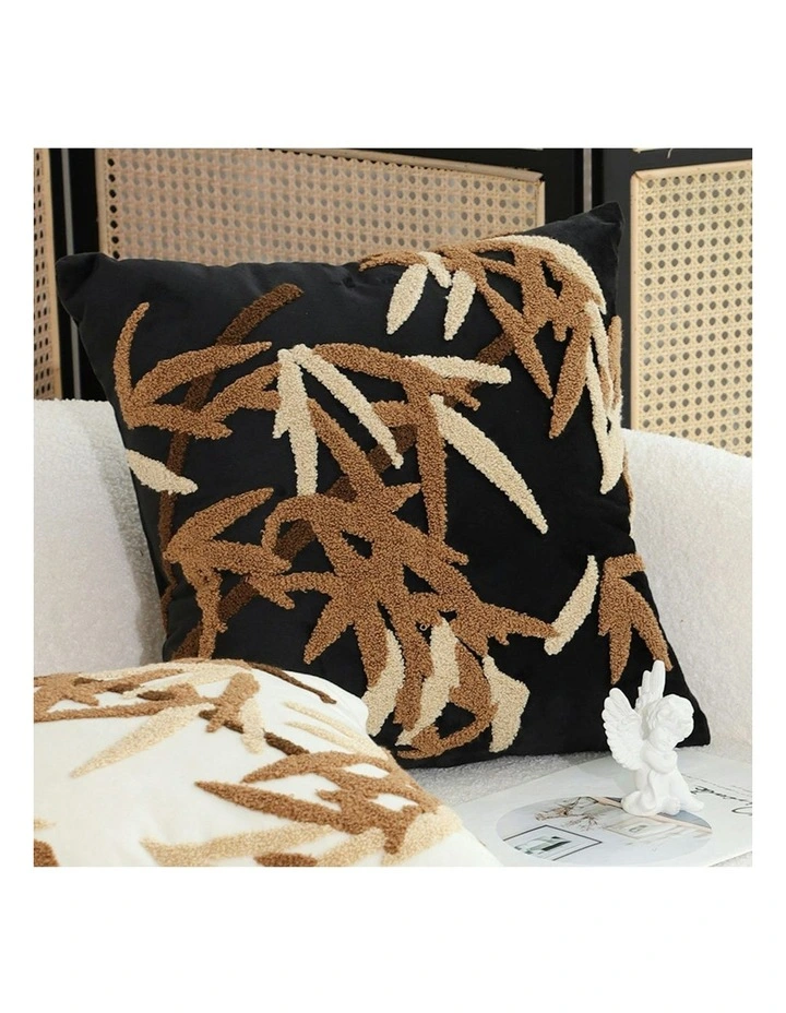 Bamboo Leaf Botanical Embroidered Throw Pillow 45cm in Black image 4