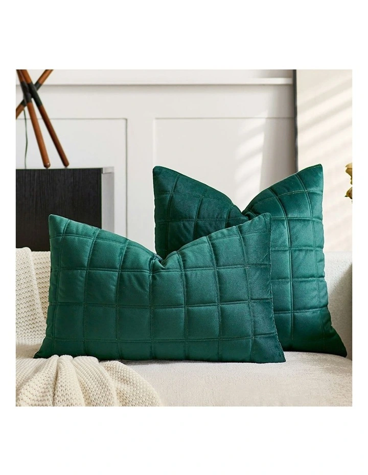 Quilted Grid Pattern Decorative Throw Pillow 30cm in Green Velvet image 2