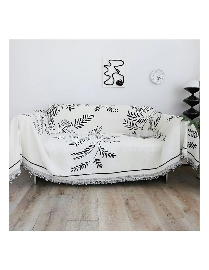 Two-seater Leaf Print Polyester Sofa Cover 180x260cm in White image 2