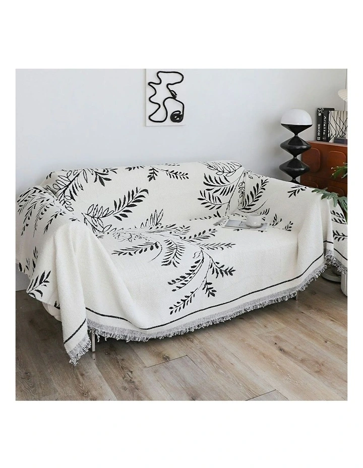 Two-seater Leaf Print Polyester Sofa Cover 180x260cm in White image 3