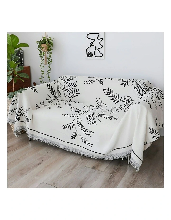Two-seater Leaf Print Polyester Sofa Cover 180x260cm in White image 4
