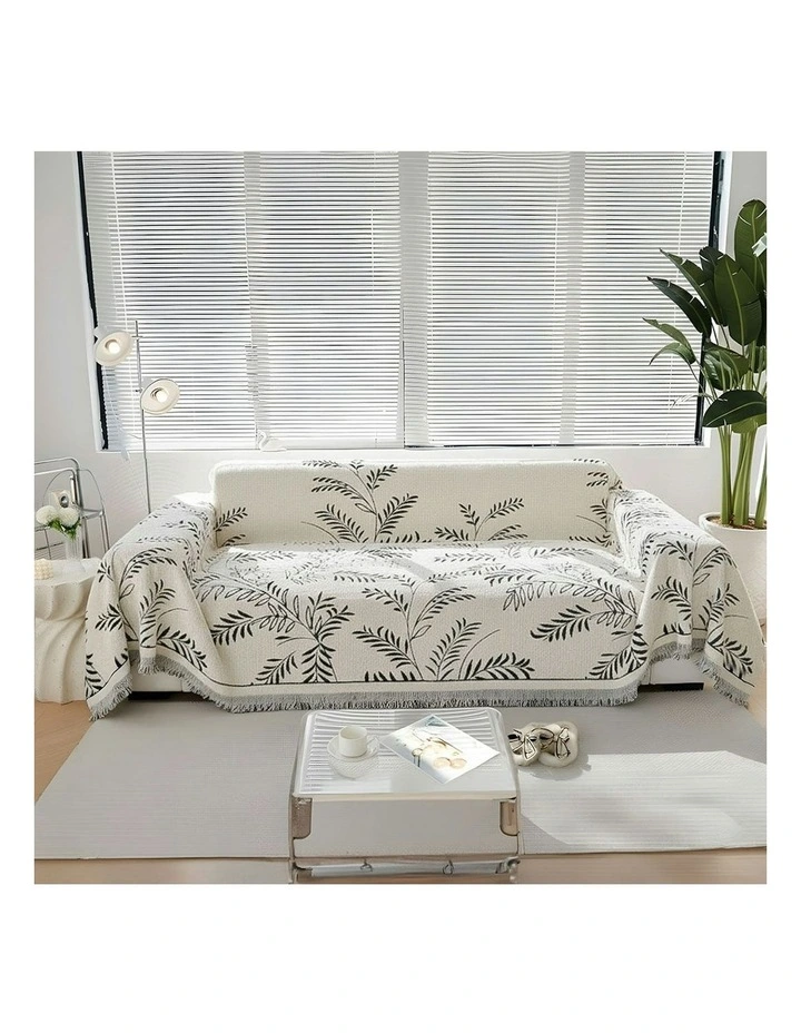 Three-seater Leaf Print Polyester Sofa Cover 180x340cm in White image 2
