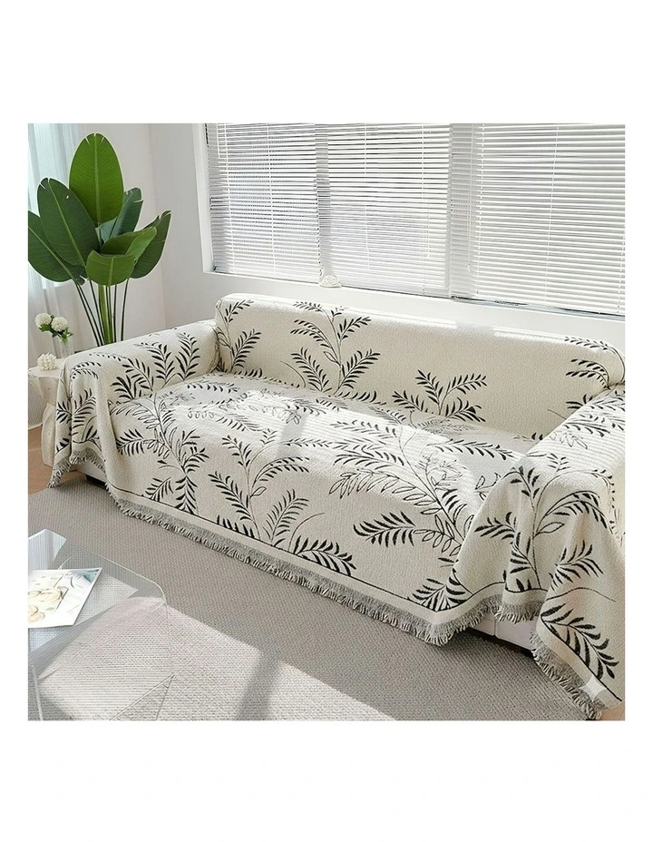 Three-seater Leaf Print Polyester Sofa Cover 180x340cm in White image 3