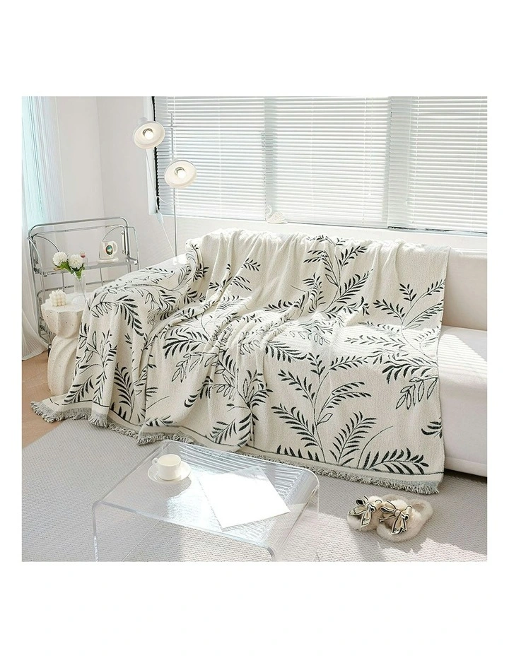 Three-seater Leaf Print Polyester Sofa Cover 180x340cm in White image 4
