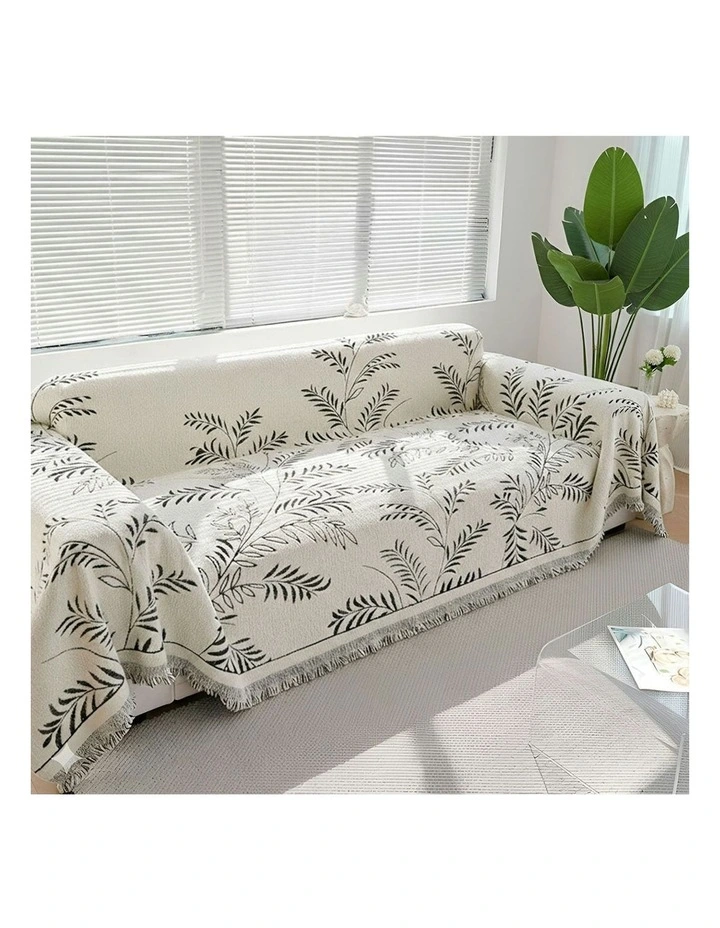 Three-seater Leaf Print Polyester Sofa Cover 180x340cm in White image 5