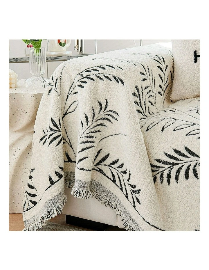 Three-seater Leaf Print Polyester Sofa Cover 180x340cm in White image 7