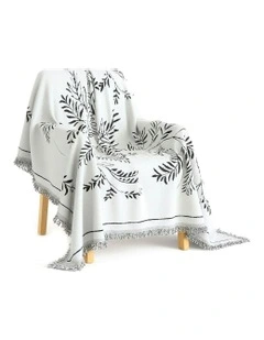 Four-seater Leaf Print Polyester Sofa Cover 180x420cm in White
