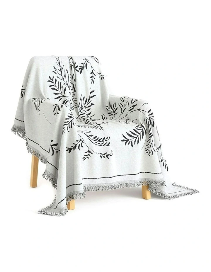 Four-seater Leaf Print Polyester Sofa Cover 180x420cm in White image 1