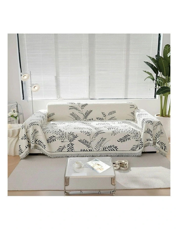 Four-seater Leaf Print Polyester Sofa Cover 180x420cm in White image 2