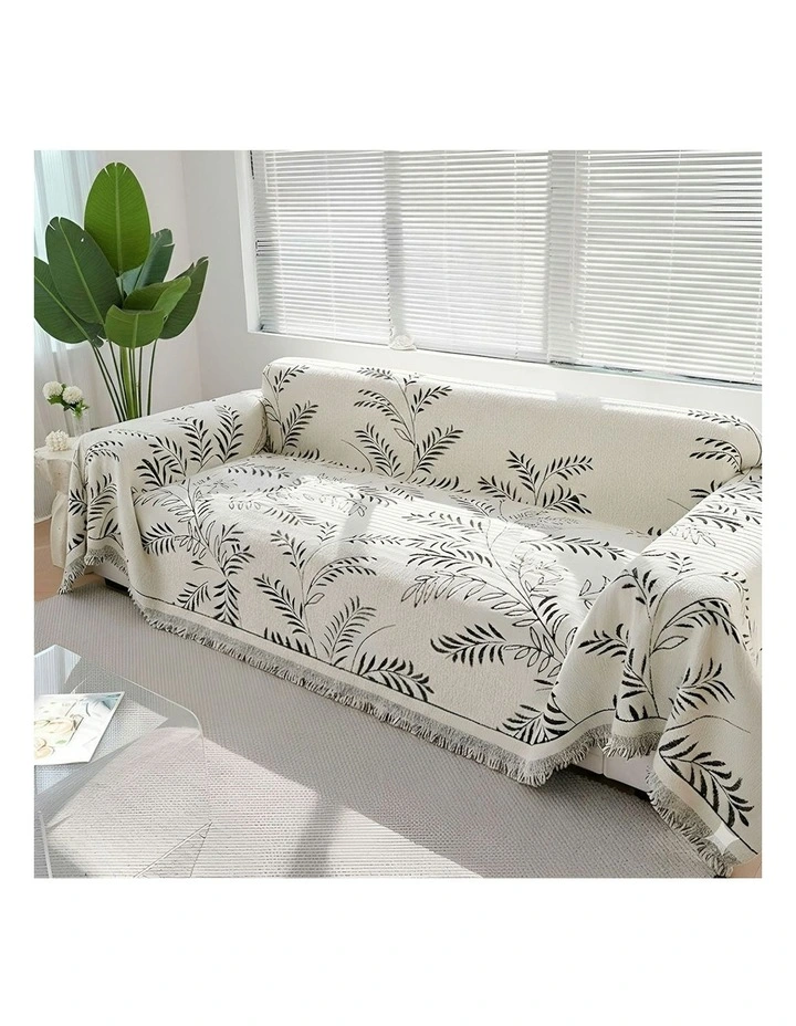 Four-seater Leaf Print Polyester Sofa Cover 180x420cm in White image 3