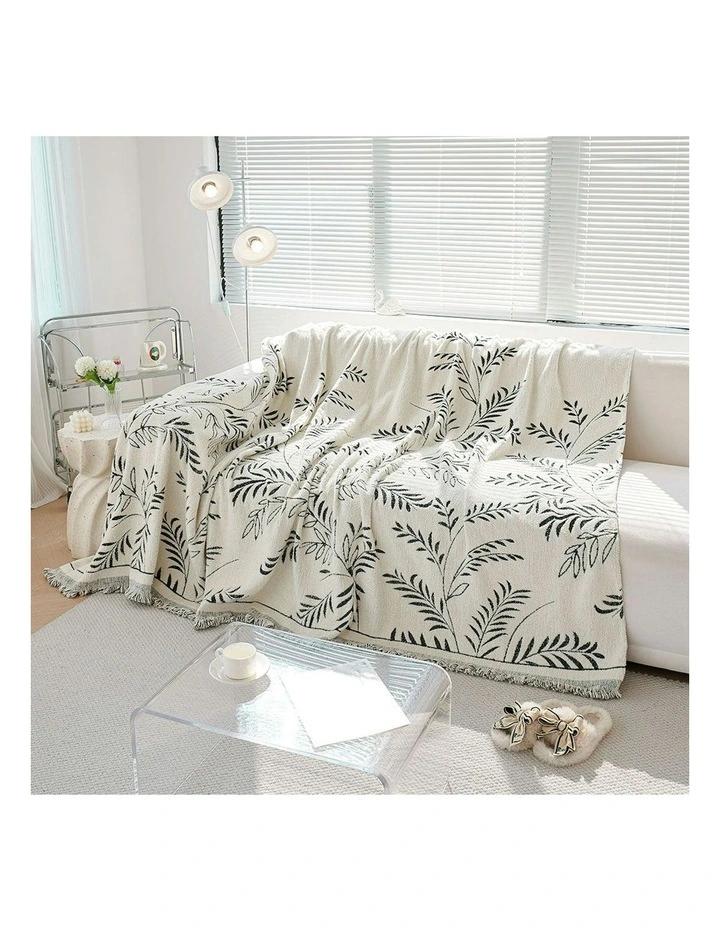 Four-seater Leaf Print Polyester Sofa Cover 180x420cm in White image 4