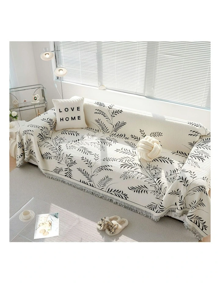 Four-seater Leaf Print Polyester Sofa Cover 180x420cm in White image 5