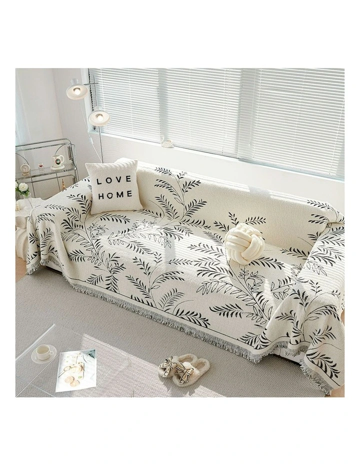 Four-seater Leaf Print Polyester Sofa Cover 180x420cm in White image 6