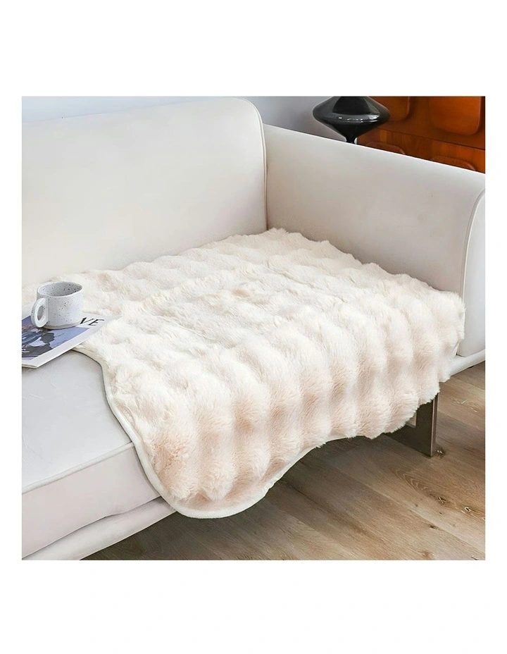 One-seater Faux Fur Polyester Throw Blanket 90x90cm in Cream image 2
