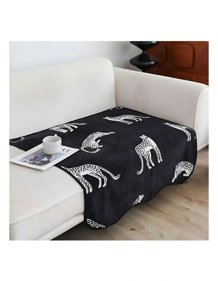 One-Seater Leopard Print Throw Blanket Sofa Cover 90x90cm in Black image 2