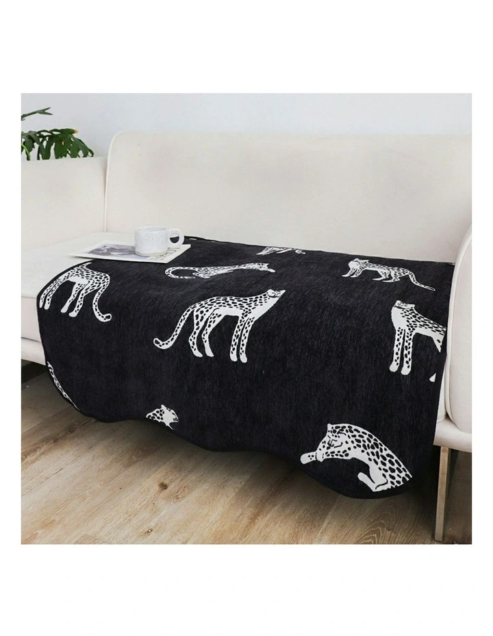 One-Seater Leopard Print Throw Blanket Sofa Cover 90x90cm in Black image 4