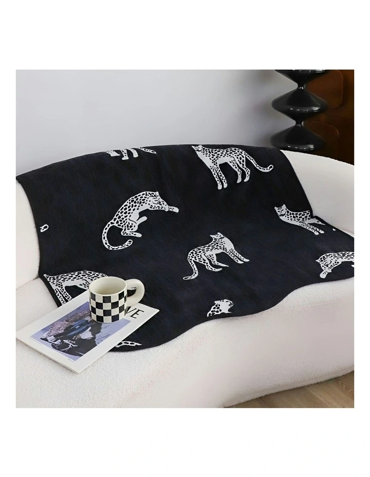 One-Seater Leopard Print Throw Blanket Sofa Cover 90x90cm in Black image 5