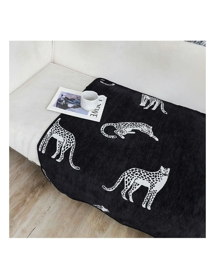 One-Seater Leopard Print Throw Blanket Sofa Cover 90x90cm in Black image 7