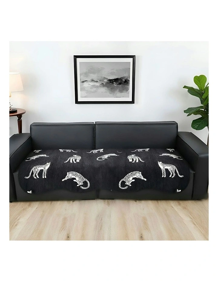 Four-Seater Leopard Print Throw Blanket Sofa Cover 90x260cm in Black image 2