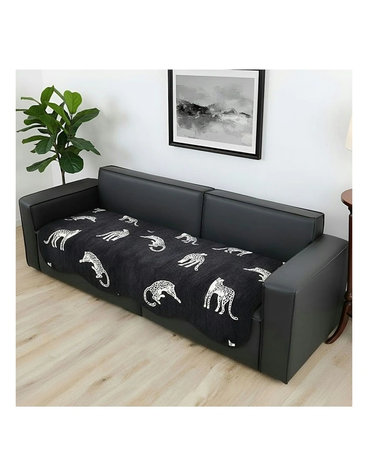 Four-Seater Leopard Print Throw Blanket Sofa Cover 90x260cm in Black image 4