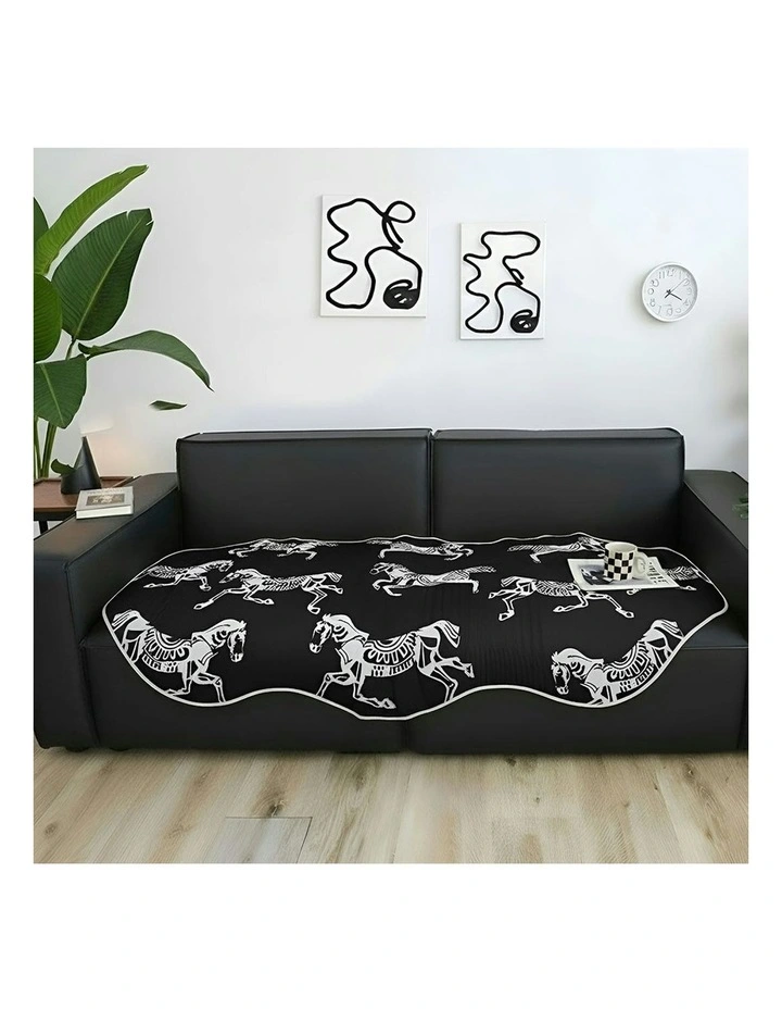 Two-Seater Horse Print Throw Blanket Sofa Cover 90x180cm in Black image 2