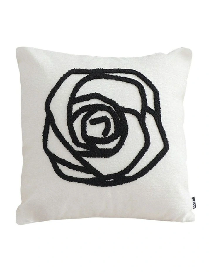 Rose Flower Pattern Decorative Throw Pillow Embroidered Cushion 45cm in White Black image 1