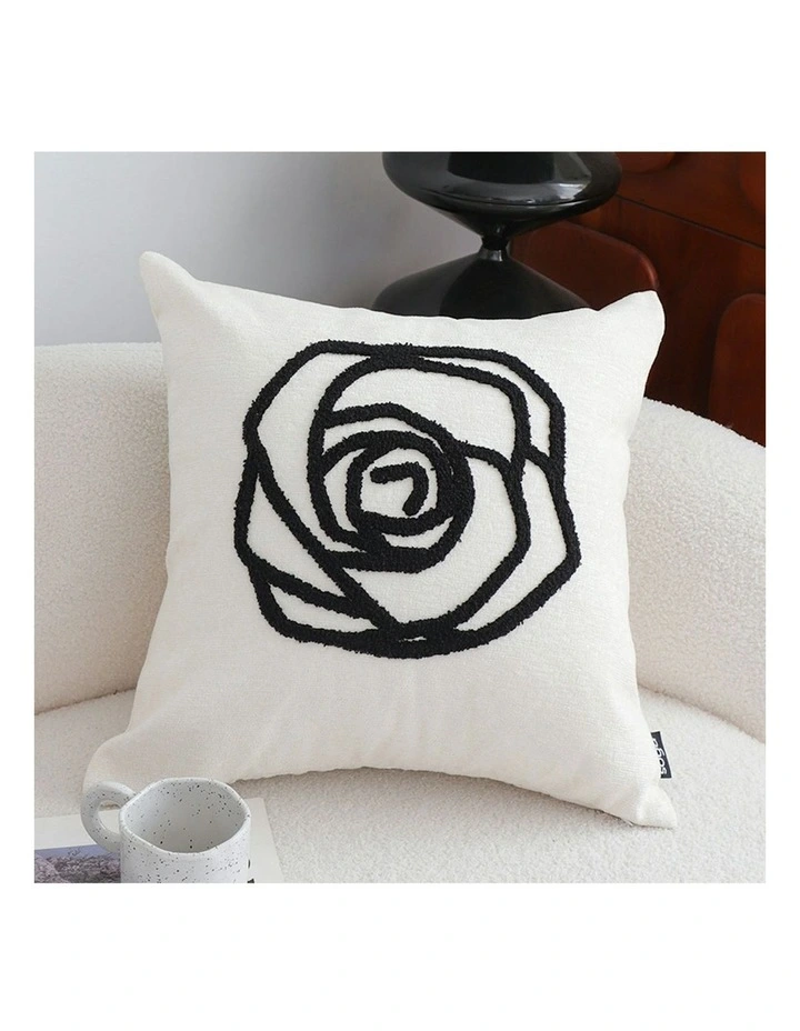 Rose Flower Pattern Decorative Throw Pillow Embroidered Cushion 45cm in White Black image 2