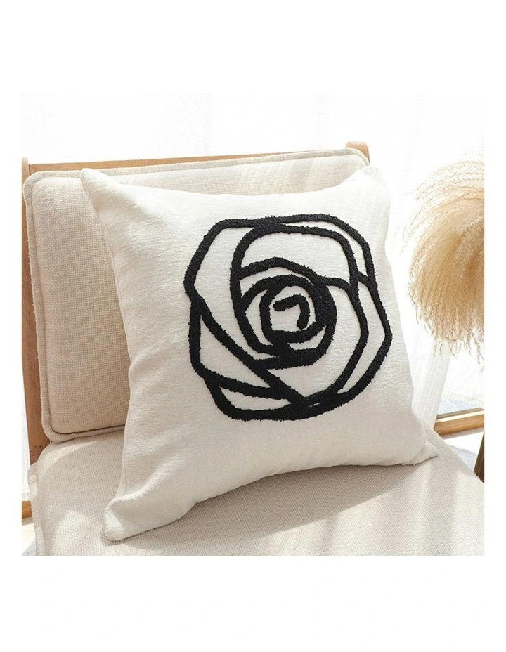 Rose Flower Pattern Decorative Throw Pillow Embroidered Cushion 45cm in White Black image 3