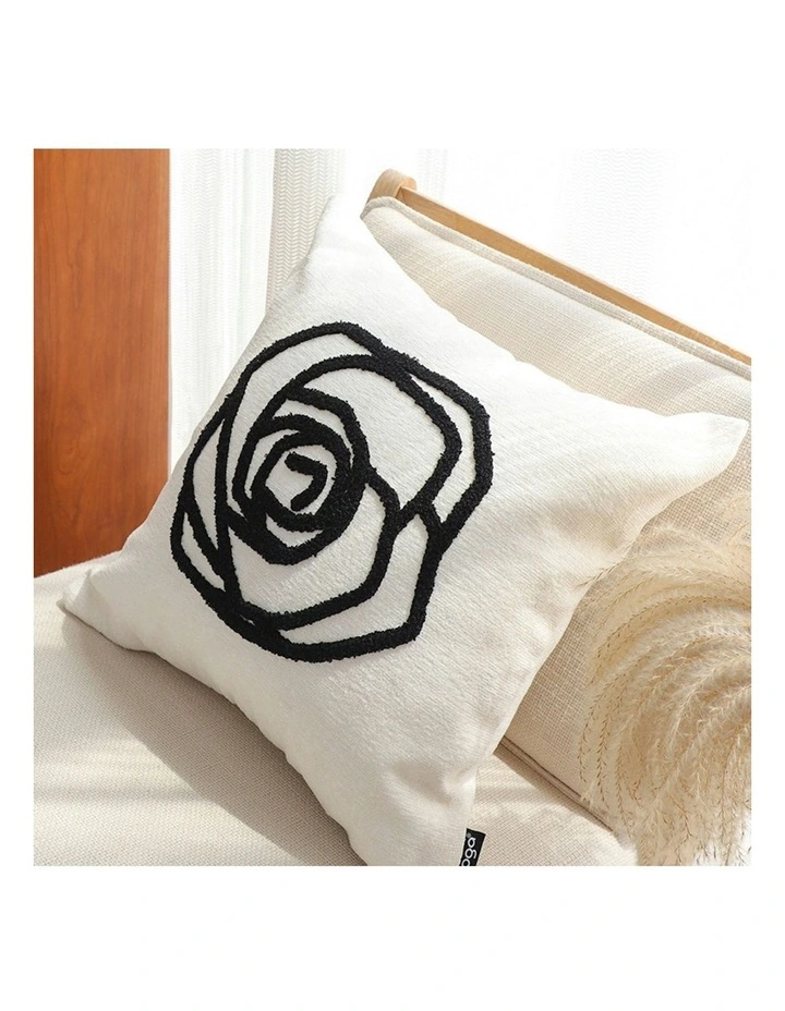 Rose Flower Pattern Decorative Throw Pillow Embroidered Cushion 45cm in White Black image 4