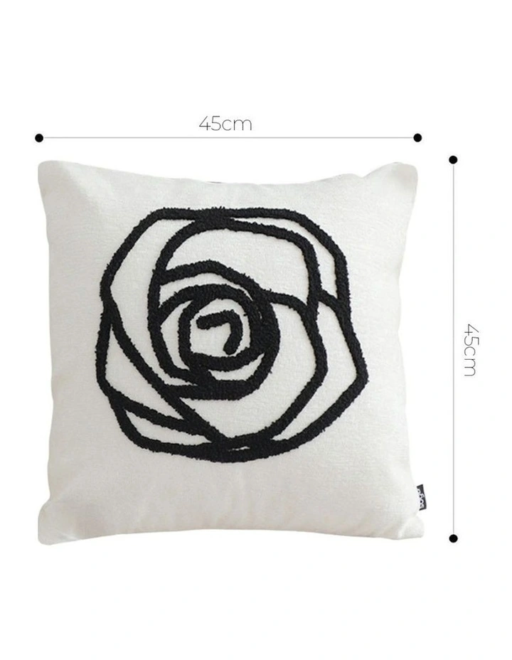 Rose Flower Pattern Decorative Throw Pillow Embroidered Cushion 45cm in White Black image 5