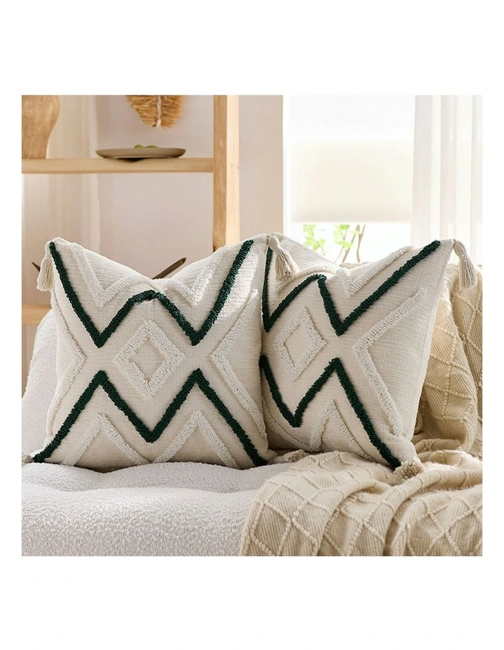 Boho Tufted Cushion Tassel Geometric Chevron Throw Pillow 45cm in Beige Green image 2