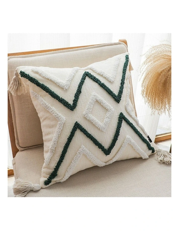 Boho Tufted Cushion Tassel Geometric Chevron Throw Pillow 45cm in Beige Green image 3