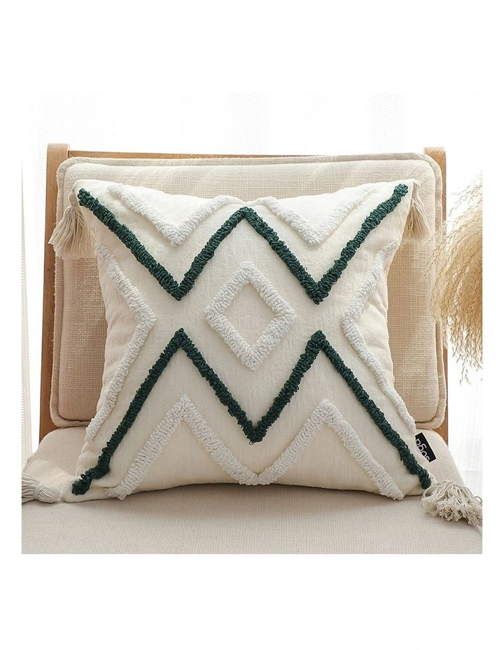 Boho Tufted Cushion Tassel Geometric Chevron Throw Pillow 45cm in Beige Green image 4