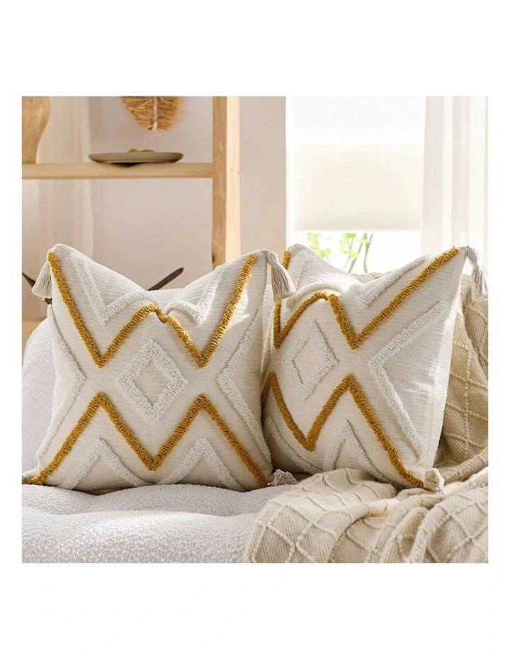 Boho Tufted Cushion Tassel Geometric Chevron Throw Pillow 45cm in Beige Yellow image 2