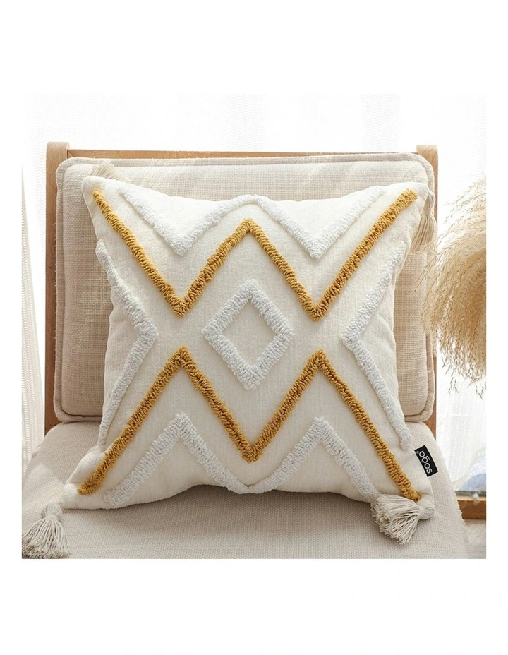 Boho Tufted Cushion Tassel Geometric Chevron Throw Pillow 45cm in Beige Yellow image 3
