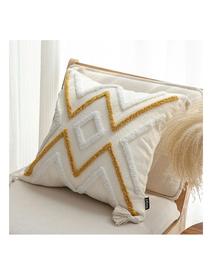 Boho Tufted Cushion Tassel Geometric Chevron Throw Pillow 45cm in Beige Yellow image 4
