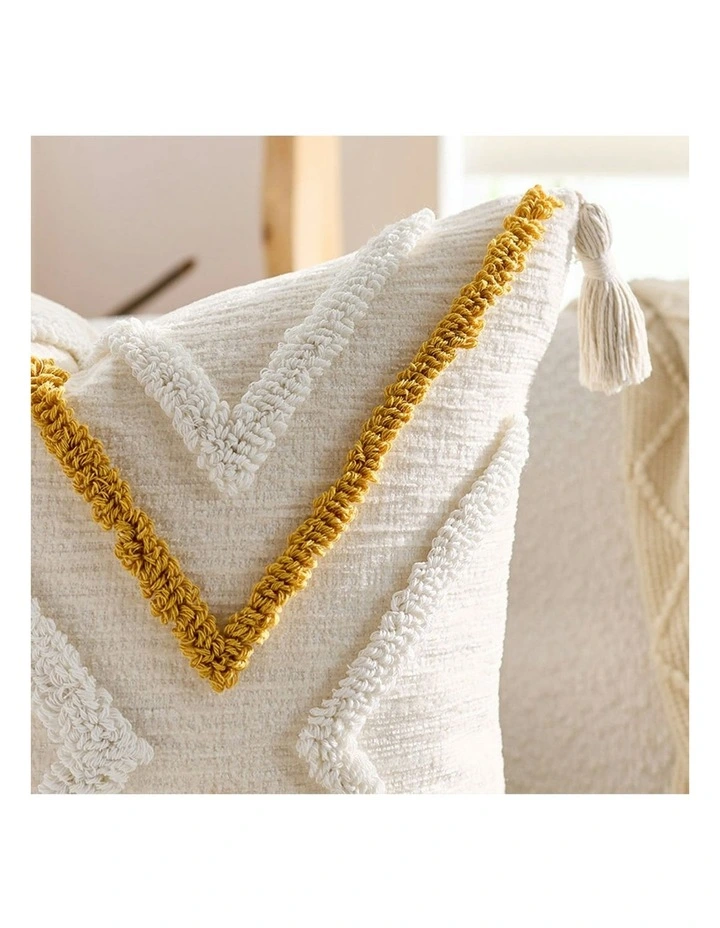 Boho Tufted Cushion Tassel Geometric Chevron Throw Pillow 45cm in Beige Yellow image 6