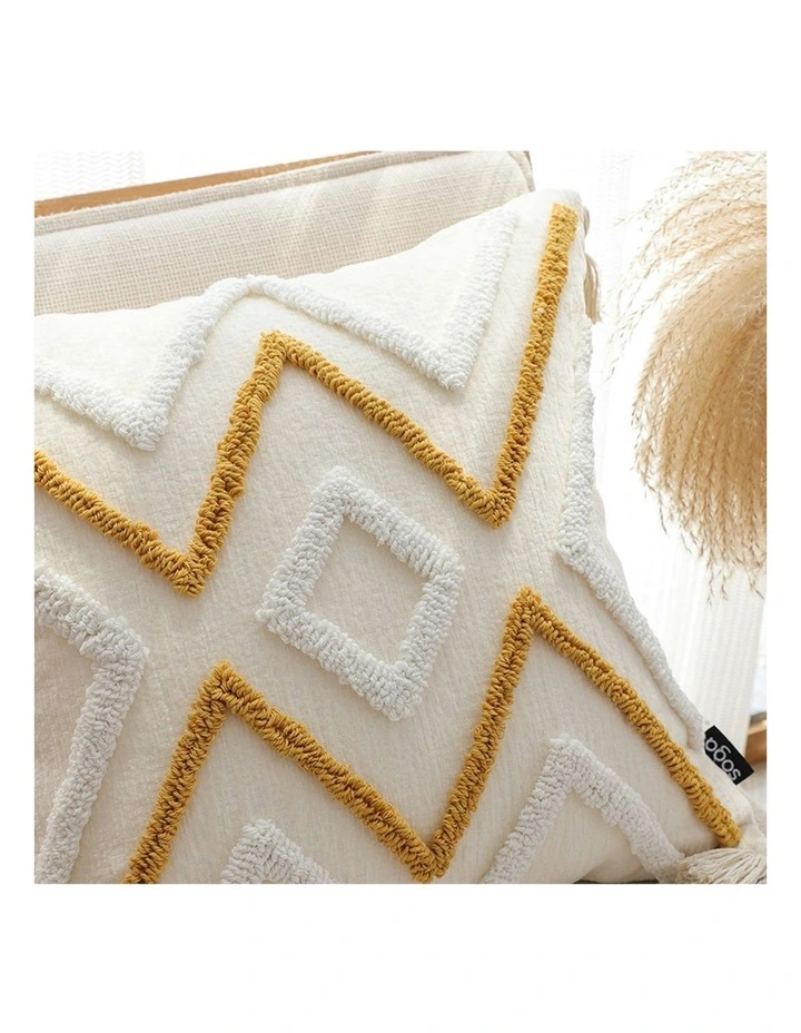 Boho Tufted Cushion Tassel Geometric Chevron Throw Pillow 45cm in Beige Yellow image 7