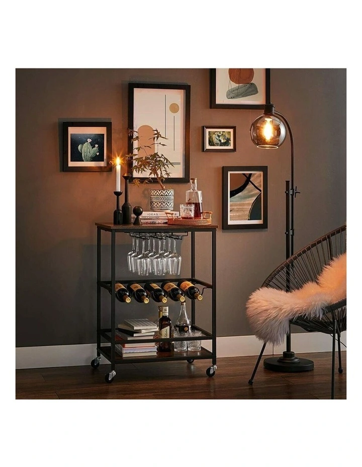 VASAGLE Bar Cart With Wheels Rustic In Brown/Black MYER