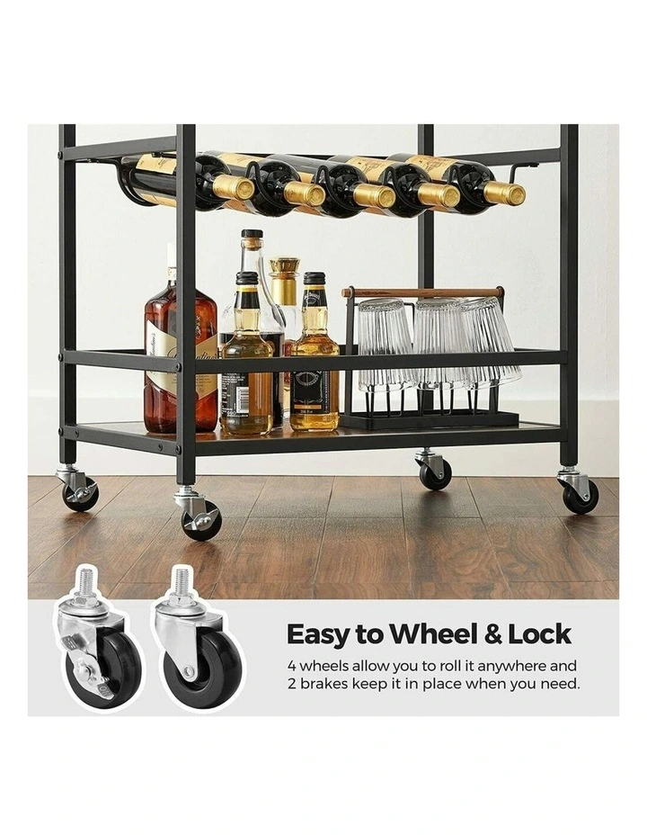 VASAGLE Bar Cart With Wheels Rustic In Brown/Black MYER