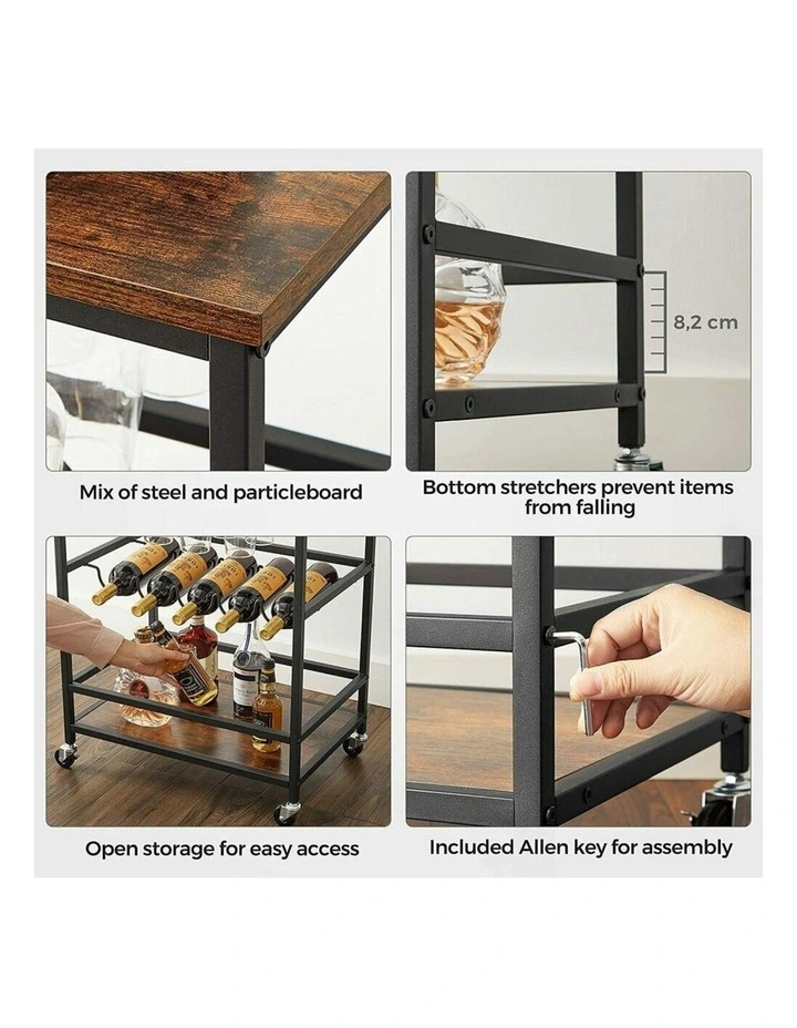 VASAGLE Bar Cart With Wheels Rustic In Brown/Black MYER