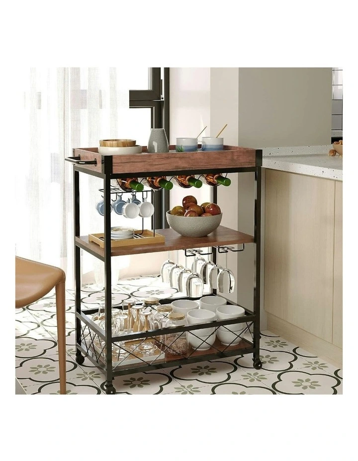 Ekkio 3 Tiers Kitchen Serving Wine Cart Trolley With Wine Rack In