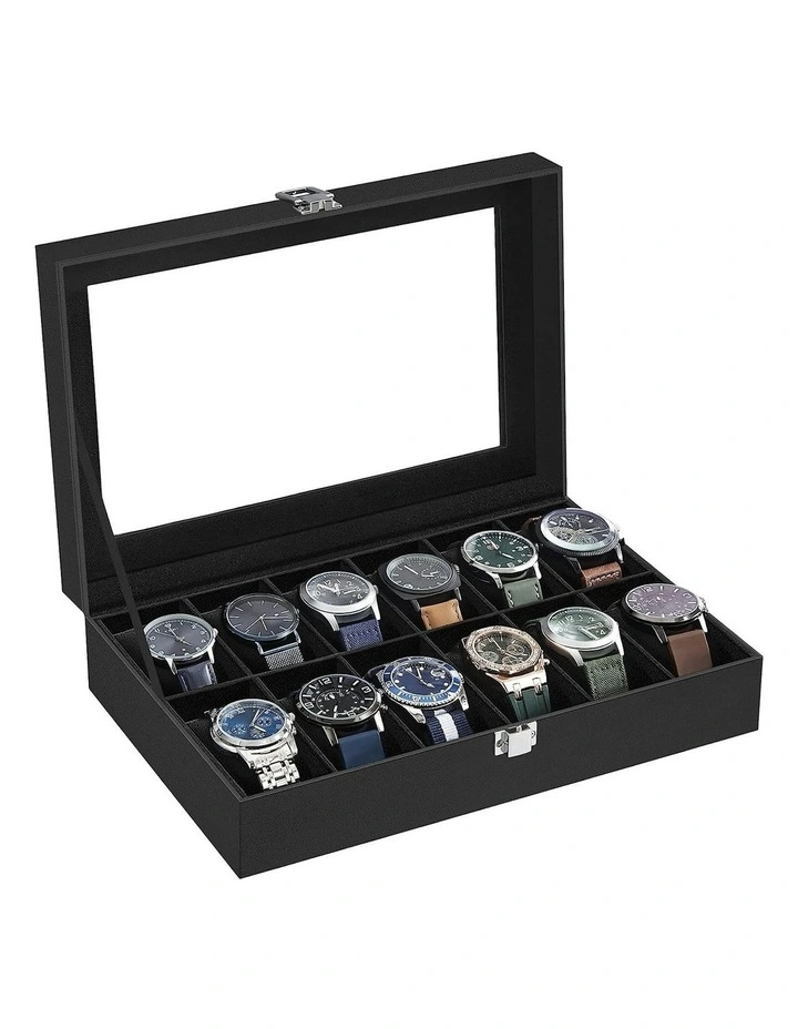 Songmics Watch Box Large Glass Lid Removable Watch Pillows In Black