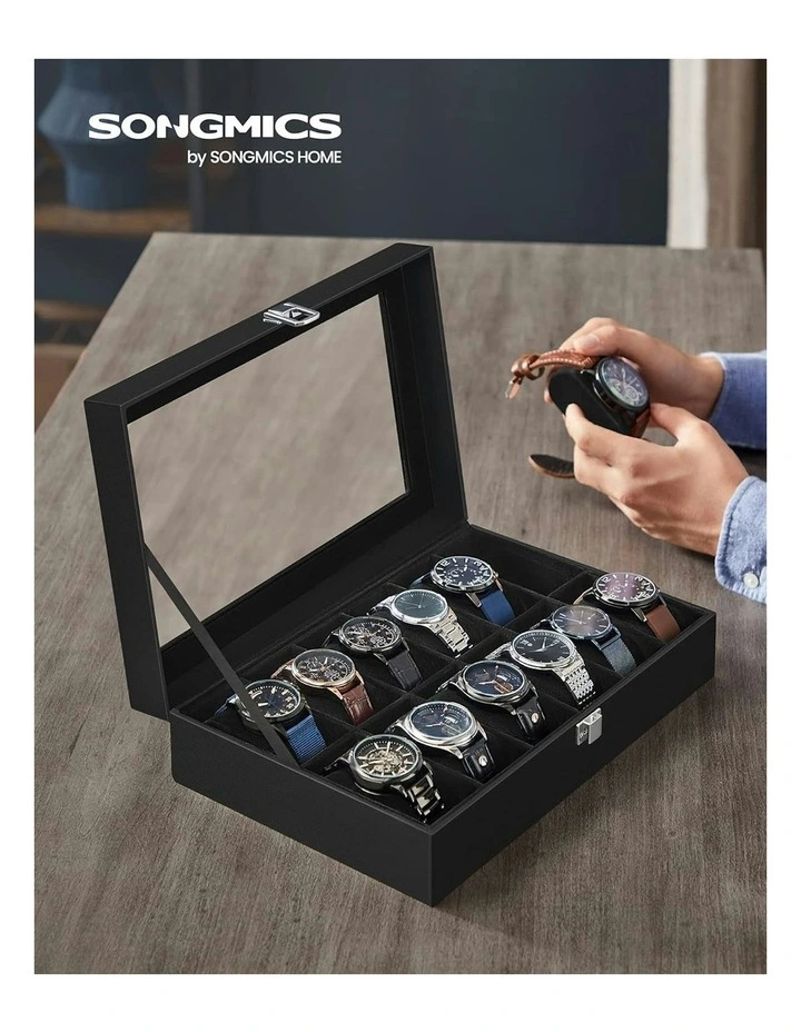 Songmics Watch Box Large Glass Lid Removable Watch Pillows In Black