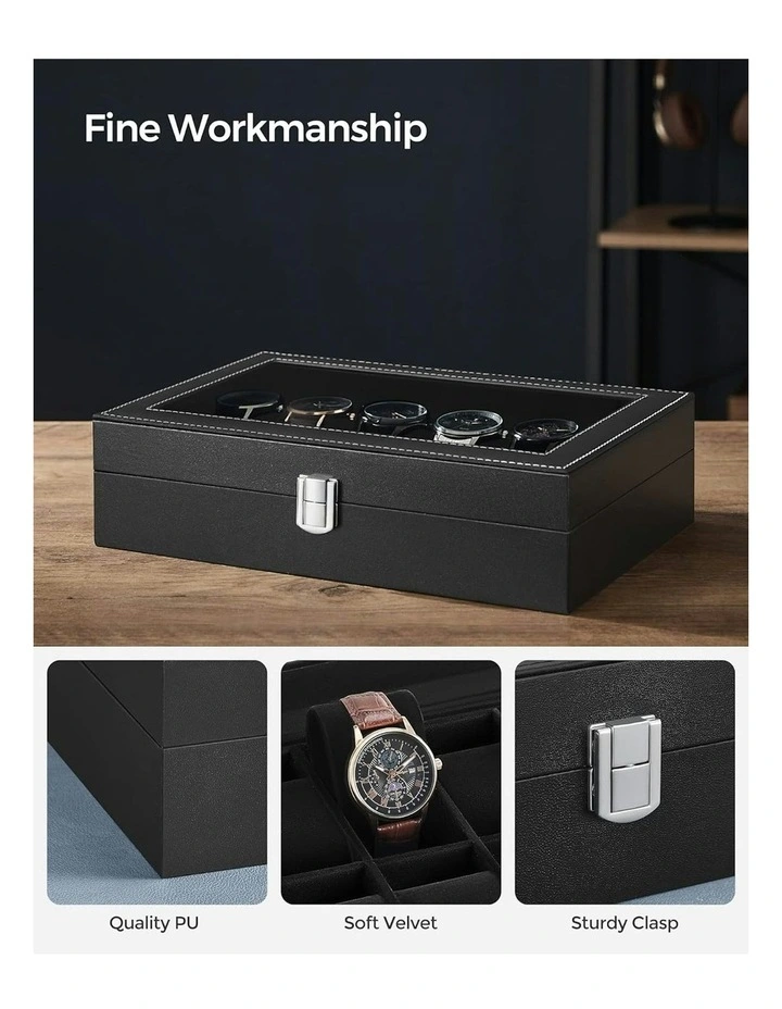 Songmics Watch Box Large Glass Lid Removable Watch Pillows In Black