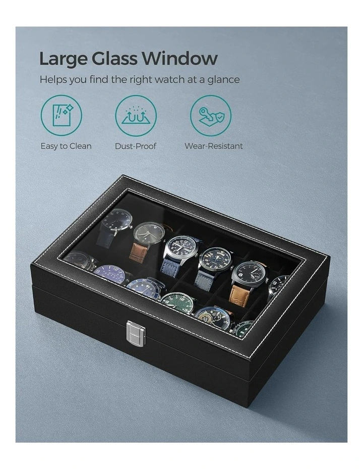 Songmics Watch Box Large Glass Lid Removable Watch Pillows In Black