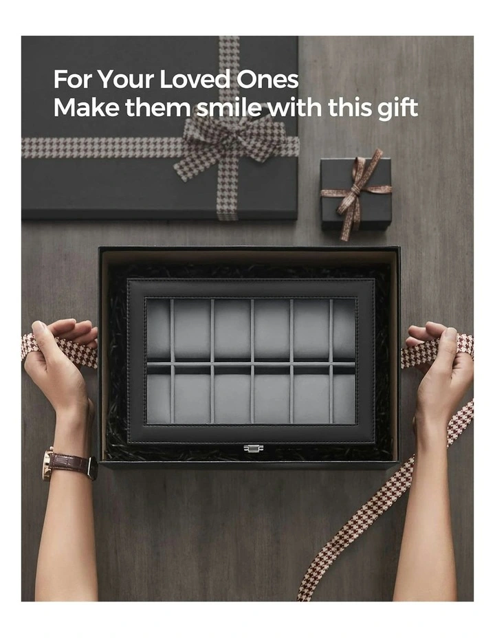 Songmics Watch Box Large Glass Lid Removable Watch Pillows In Black